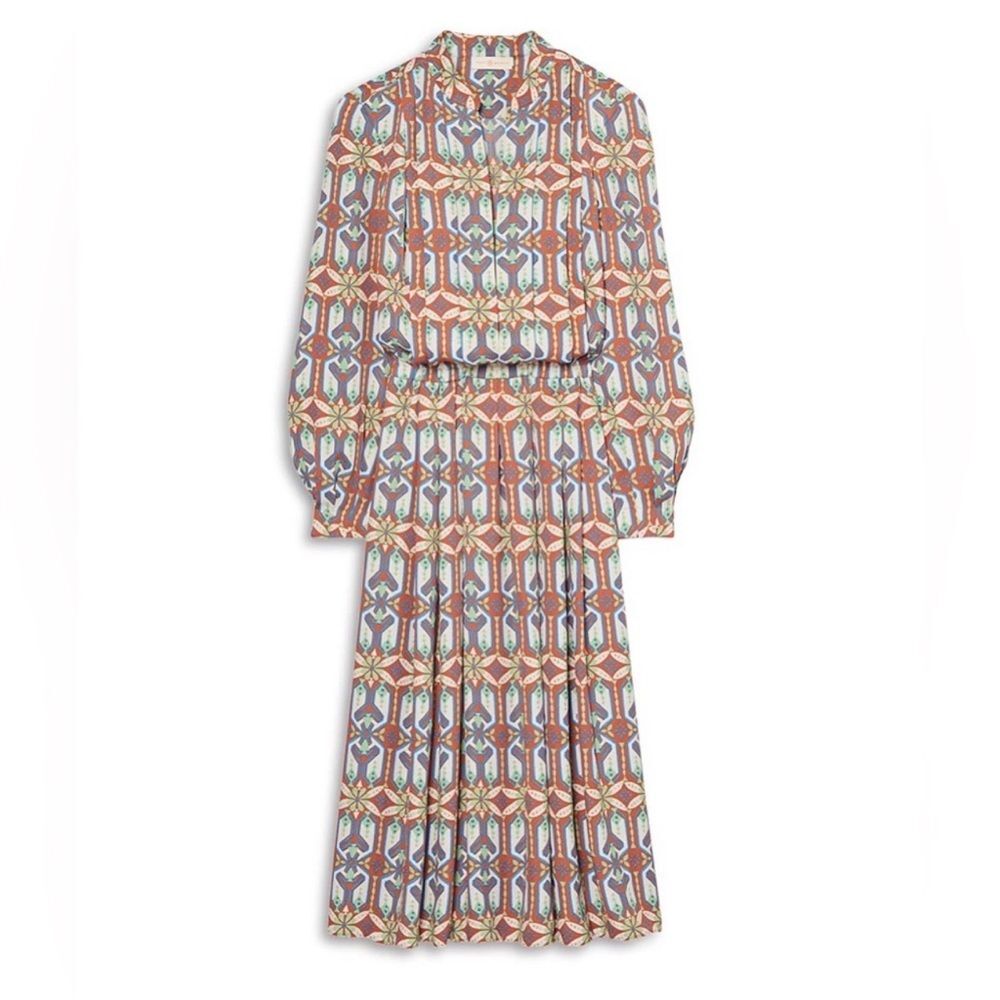 Tory Burch Garden Maze Printed Pleated Midi Dress Size 2 - Picture 2 of 8
